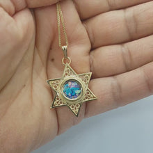14K Gold Star of David Roman Glass Pendant Real view