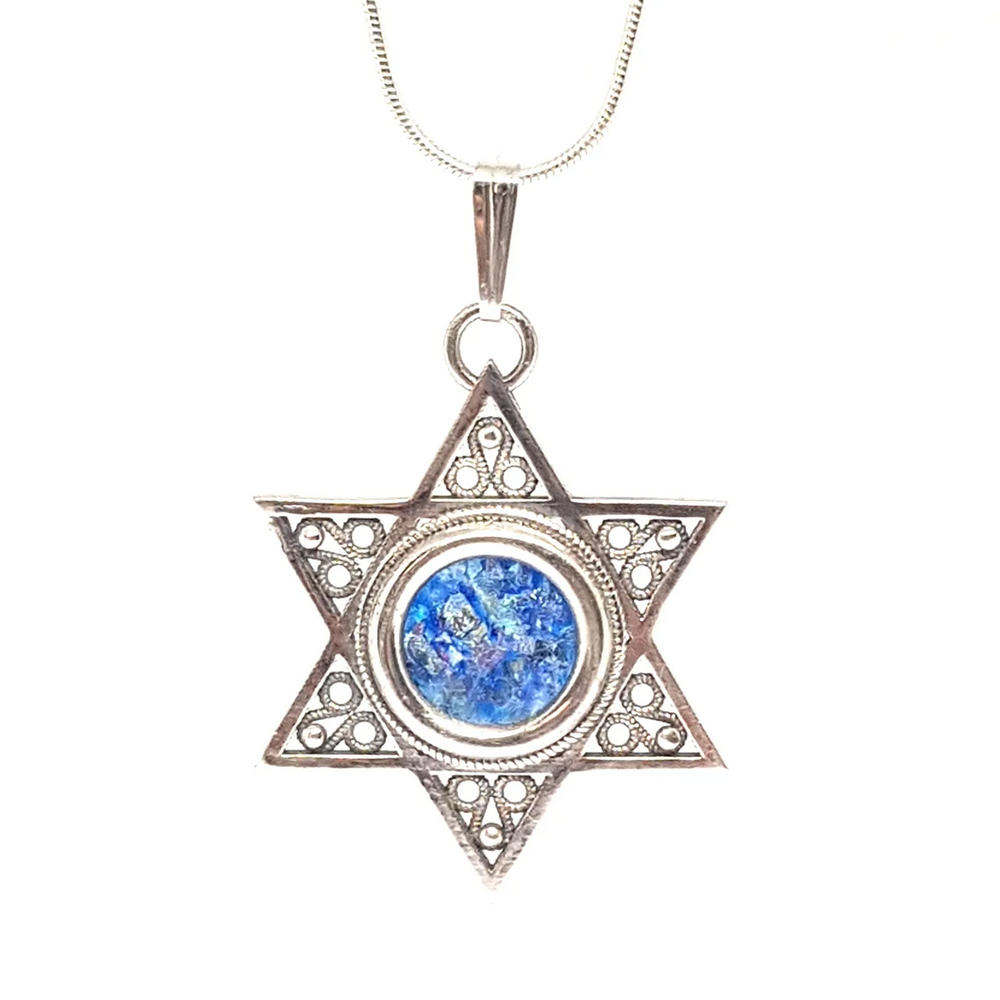 925 Silver Star of David Filigree Roman Glass Pendant Necklace