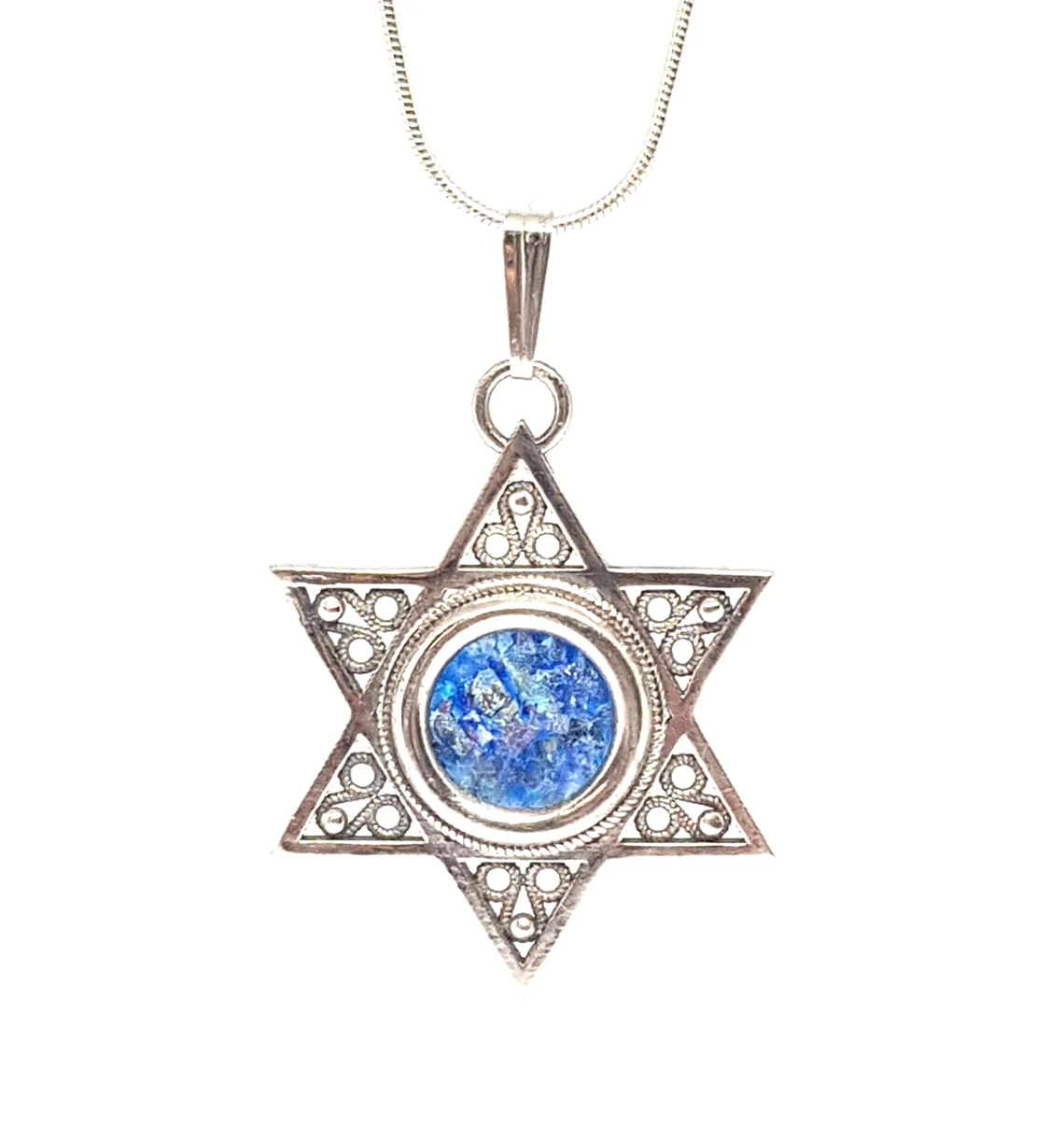 925 Silver Star of David Filigree Roman Glass Pendant Necklace