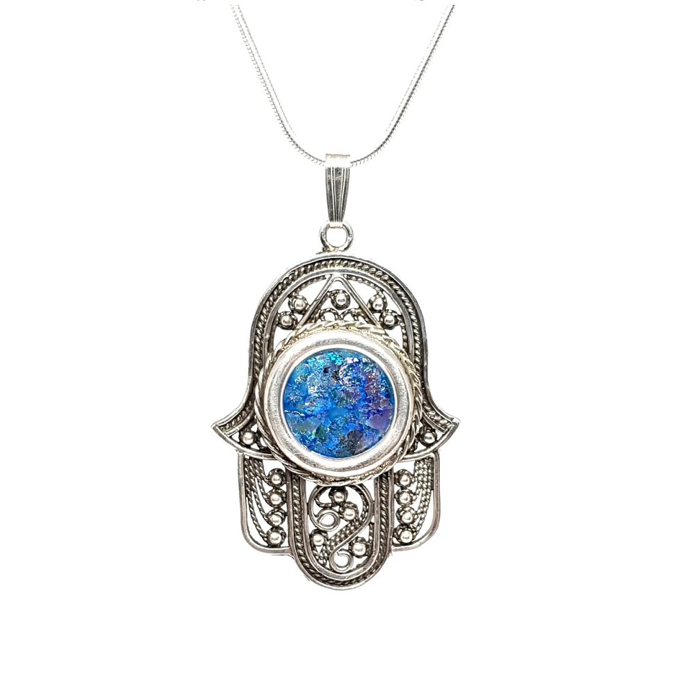 925 Sterling Silver Roman Glass Yemenite Filigree Hamsa Pendant Necklace