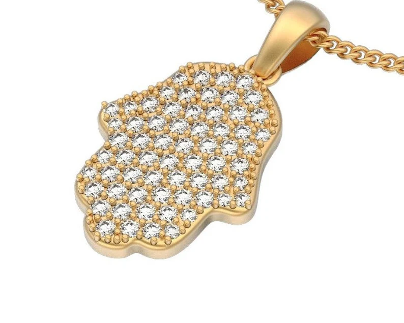 14K Solid Gold Hamsa Pendant with Diamonds