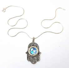 925 Sterling Silver Roman Glass Yemenite Filigree Hamsa Pendant Necklace