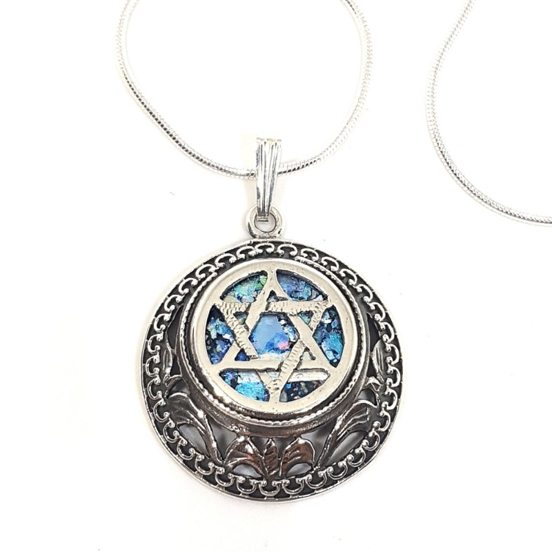 925 Sterling Silver Roman Glass Star of David Pendant