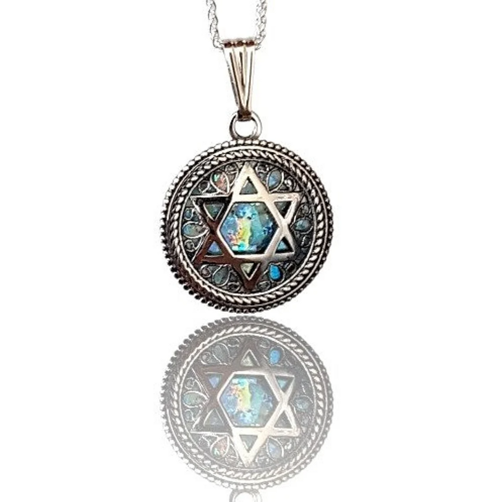 925 Silver Star of David Roman Glass Pendant Necklace