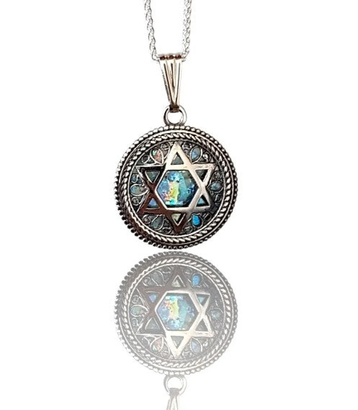 925 Silver Star of David Roman Glass Pendant Necklace