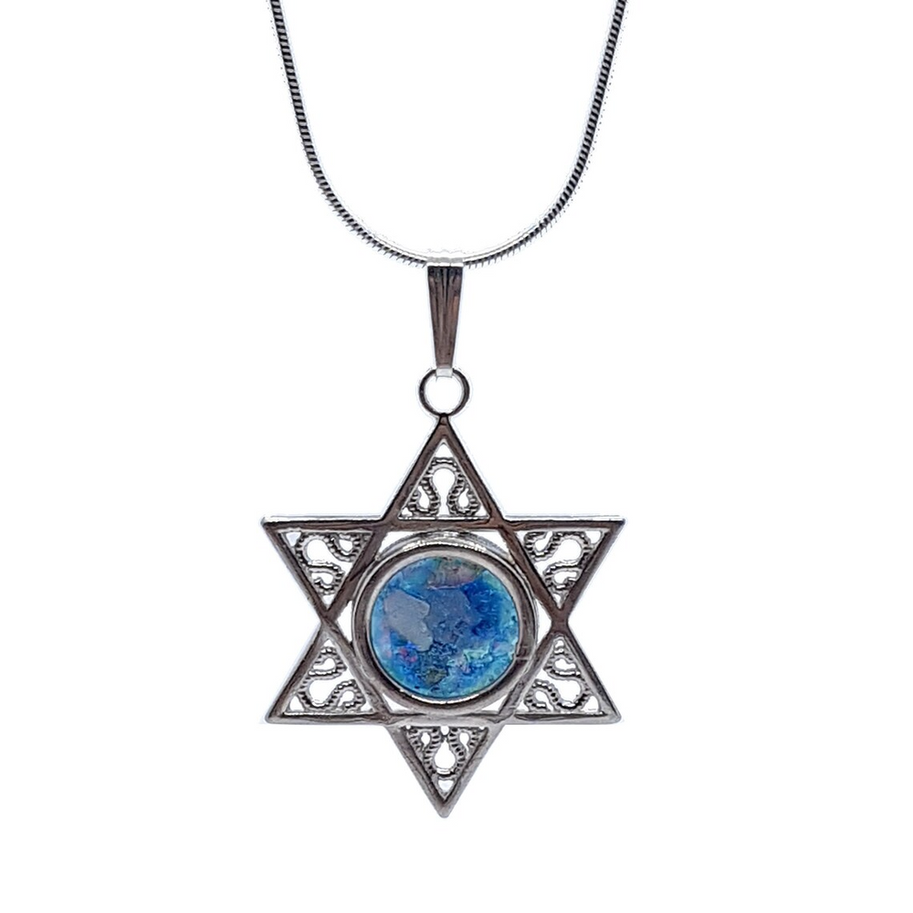 925 Silver Star of David Roman Glass Pendant Necklace