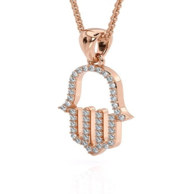 14K Solid Gold Hamsa Pendant with Diamonds