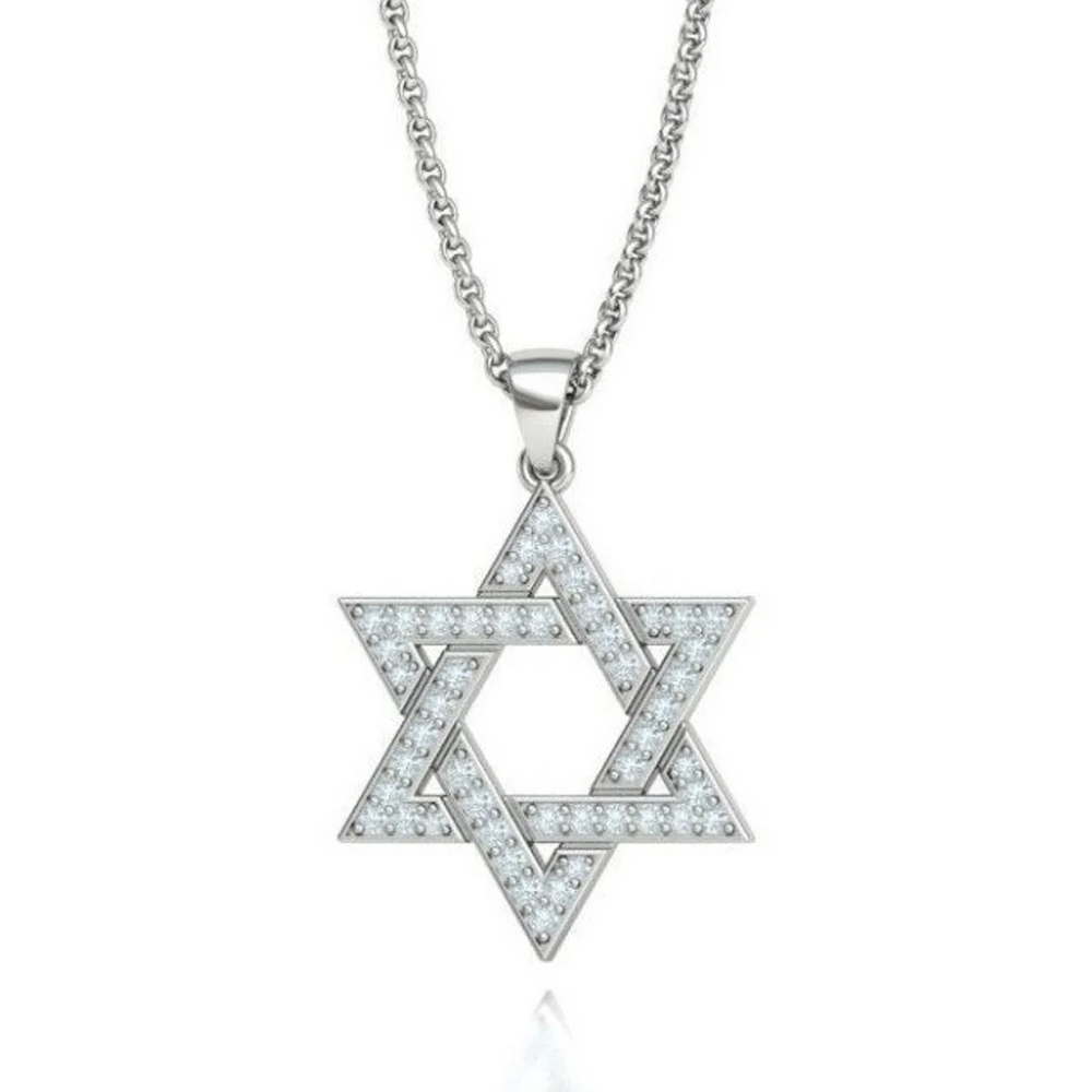 18K Yellow Gold Star of David Pendant Set With Diamonds Stones