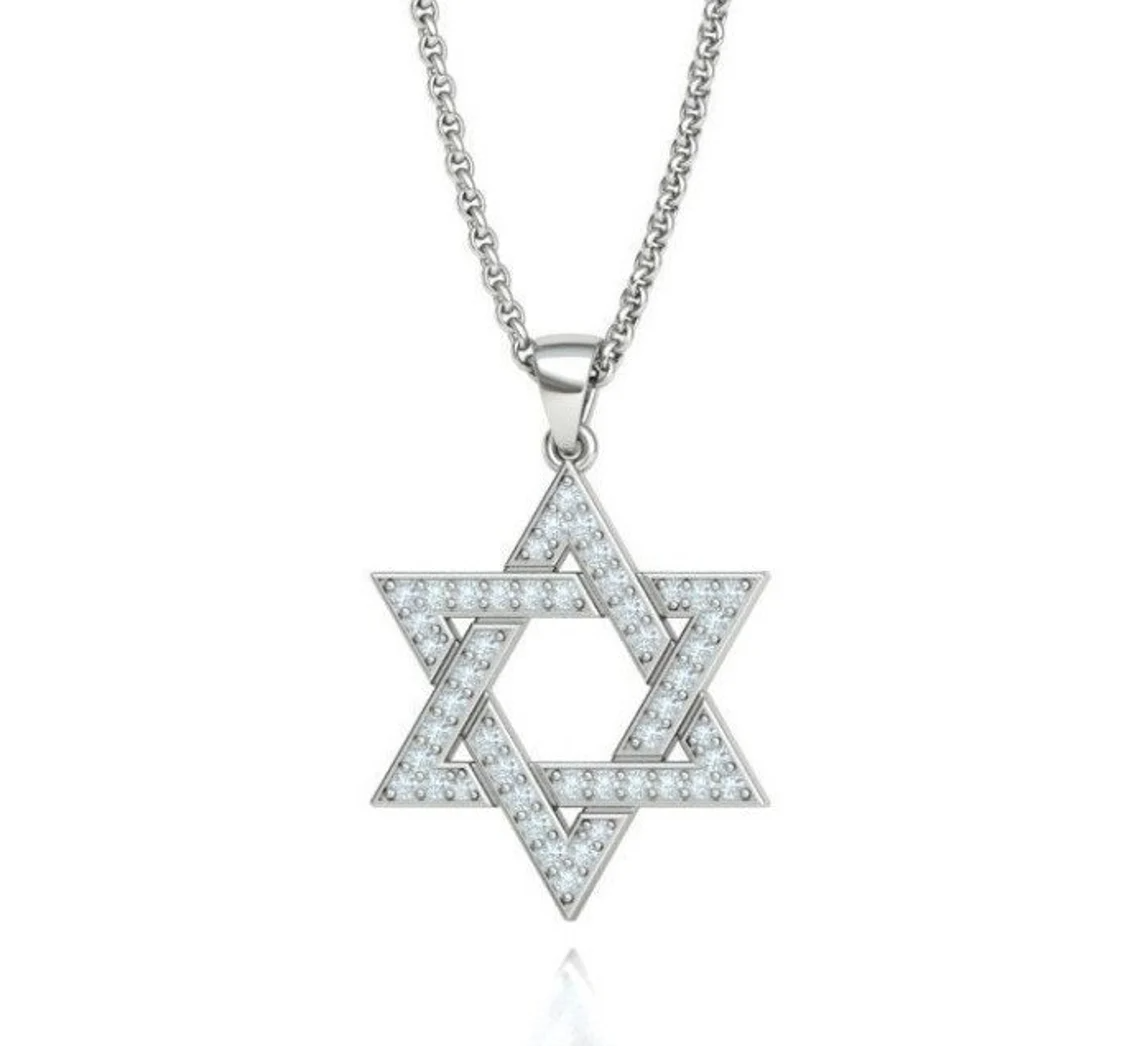 18K Yellow Gold Star of David Pendant Set With Diamonds Stones