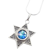 925 Silver Star of David Filigree Roman Glass Pendant Necklace