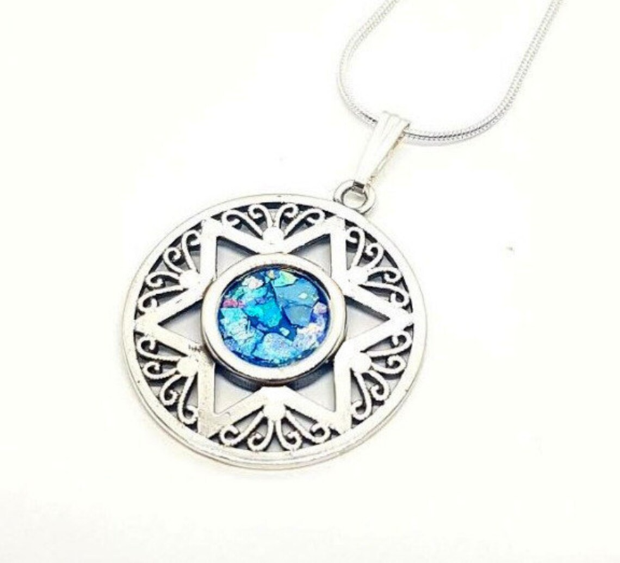 925 Silver Star of David Roman Glass Pendant Necklace