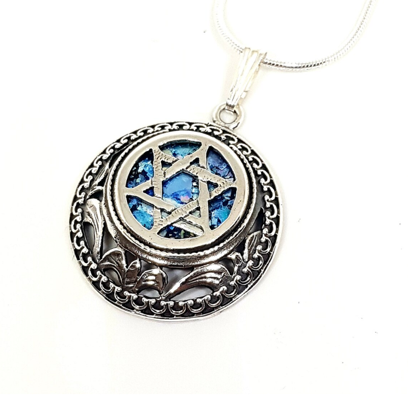 925 Sterling Silver Roman Glass Star of David Pendant