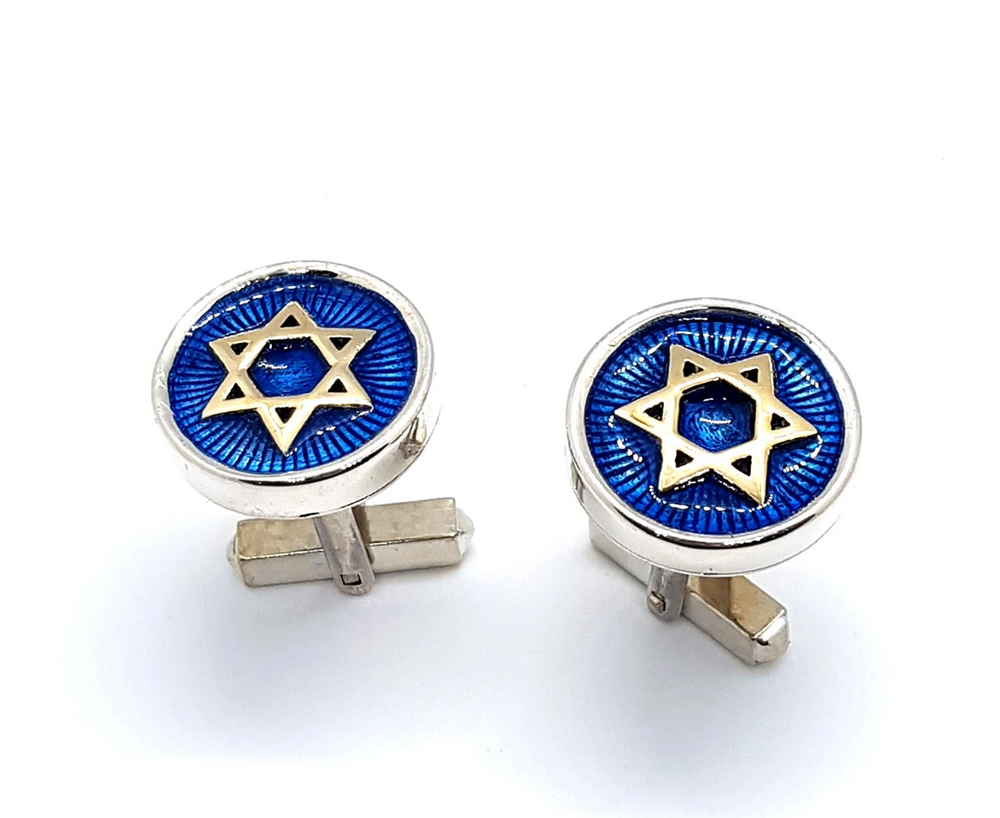 9k Gold 925 Silver Enamel Star of David Cufflinks