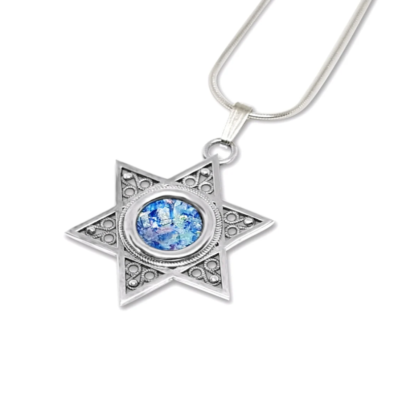 925 Silver Star of David Filigree Roman Glass Pendant Necklace