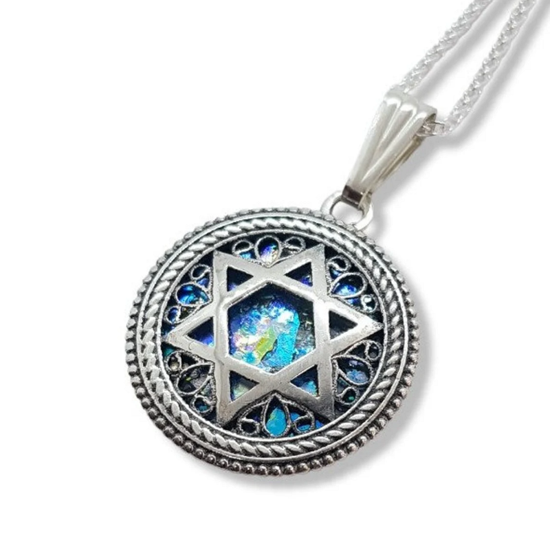 925 Silver Star of David Roman Glass Pendant Necklace