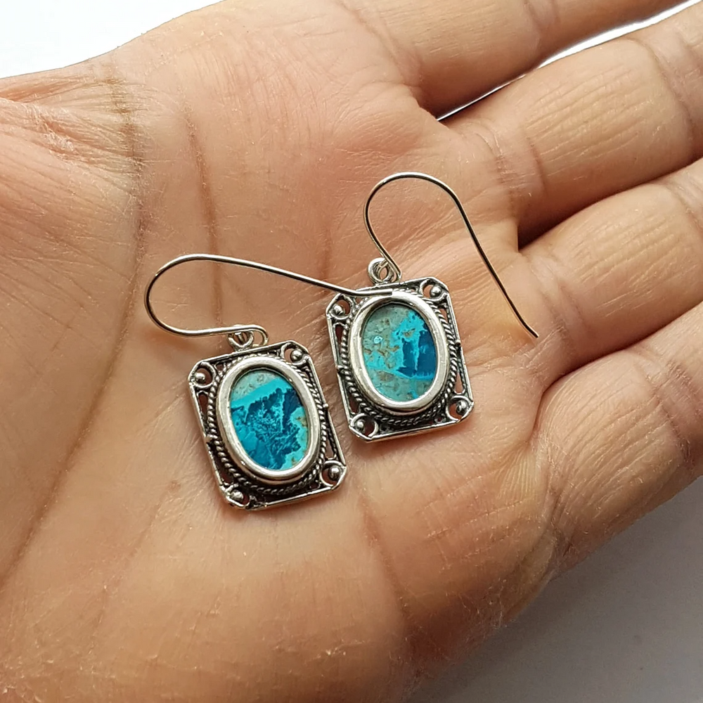 925 Silver Yemenite Filigree Earrings Set With Eilat Stone