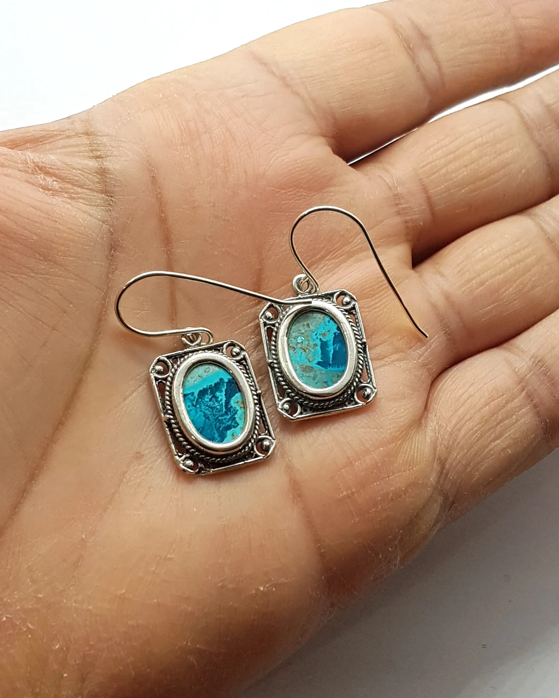 925 Silver Yemenite Filigree Earrings Set With Eilat Stone