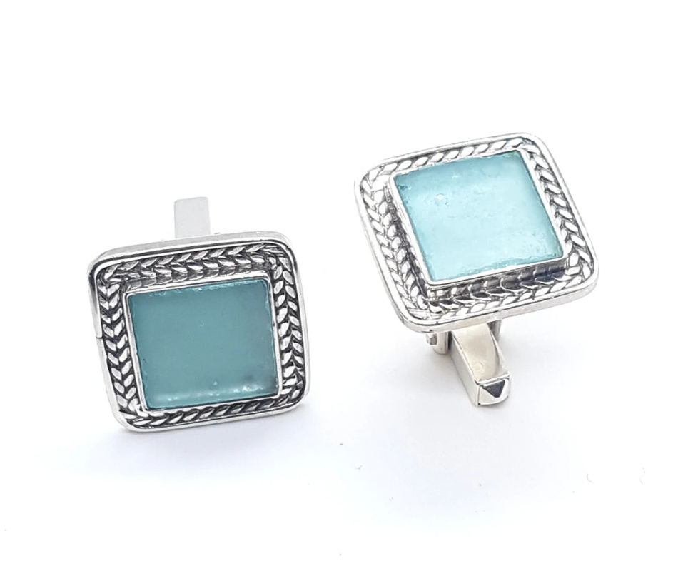 Ancient Hand Made Work Roman Glass 925 Sterling Silver Cufflinks