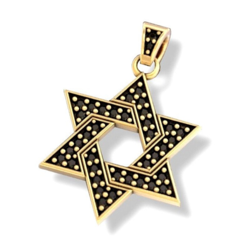 14K Gold Star of David Pendant Set With Black Onyx Stones