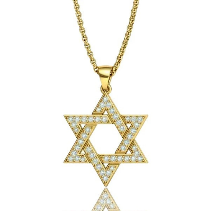 18K Yellow Gold Star of David Pendant Set With Diamonds Stones