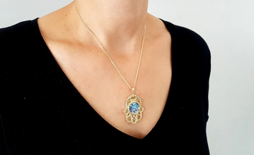 Amazing Large 14k Gold Yemenite Roman Glass Hamsa Pendant