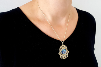 Amazing Large 14k Gold Yemenite Roman Glass Hamsa Pendant