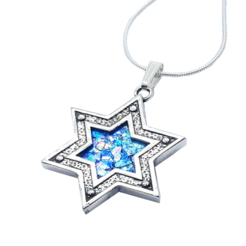 925 Silver Star of David Roman Glass Pendant Necklace