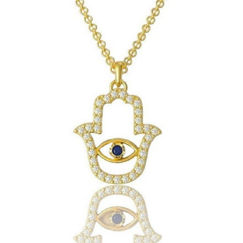 14K Gold Hamsa Pendant Evil Eye Necklace Set with Cvd Diamonds