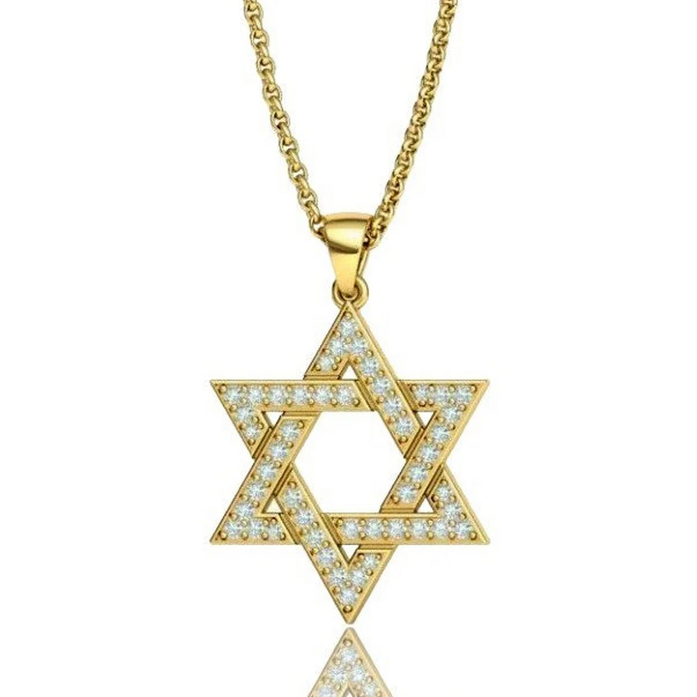 18K Gold Star of David Pendant Set With Diamonds Stones