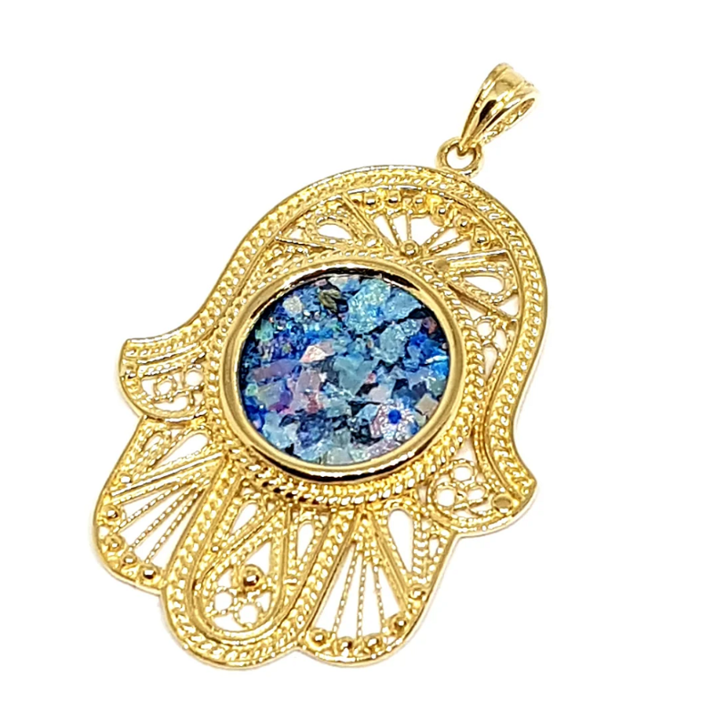 14k Gold filigree roman glass hamsa pendant