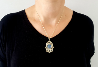 Large 14k Gold Yemenite Roman Glass Hamsa Pendant