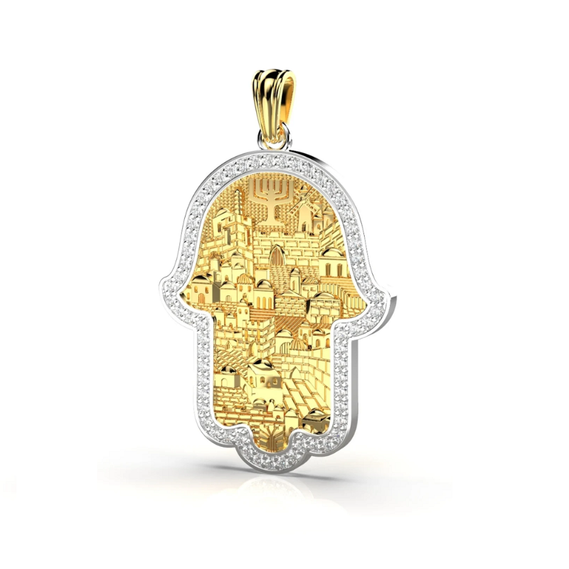 Unisex 18k Gold Diamonds Jerusalem Hamsa Pendant