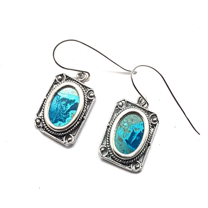 925 Silver Yemenite Filigree Earrings Set With Eilat Stone