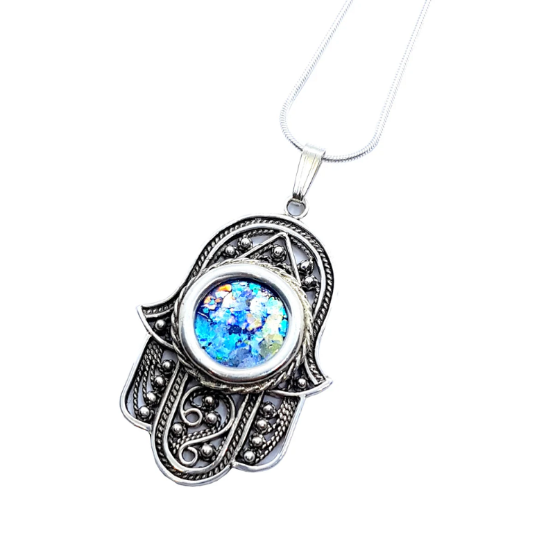 925 Sterling Silver Roman Glass Yemenite Filigree Hamsa Pendant Necklace