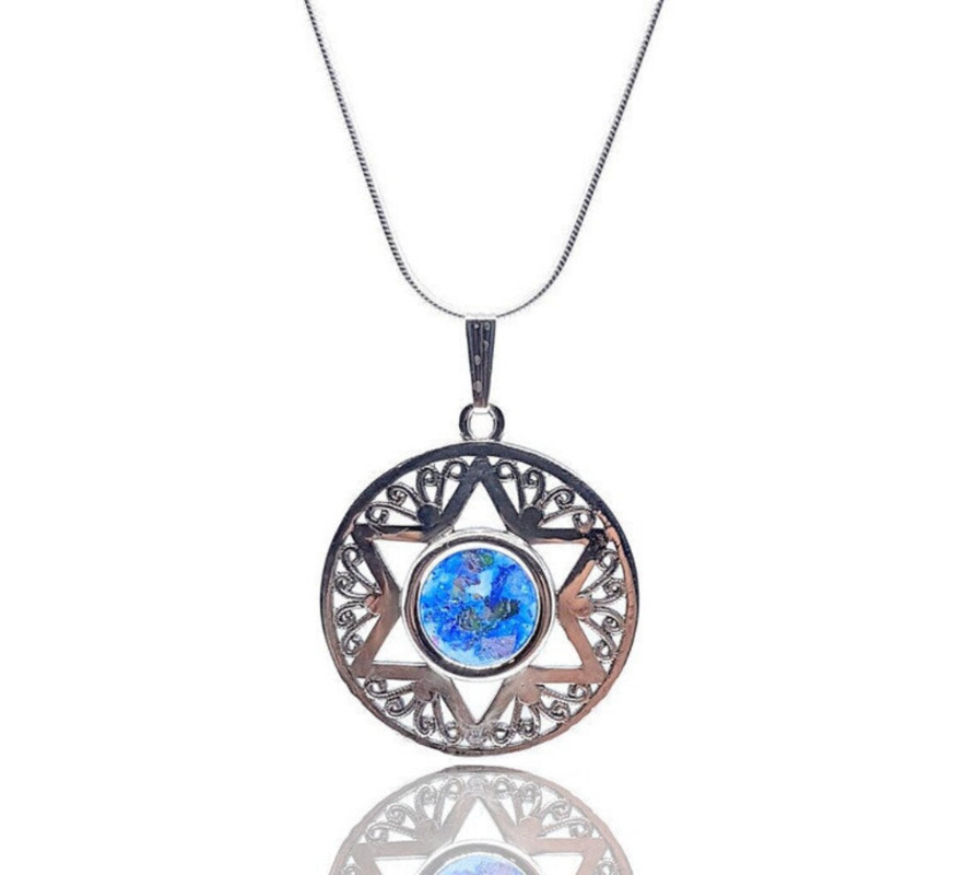 925 Silver Star of David Roman Glass Pendant Necklace