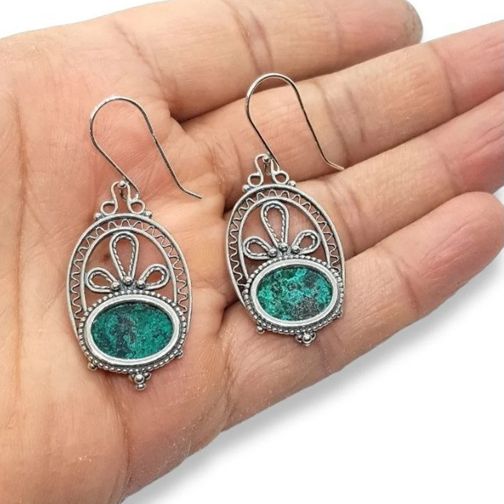 925 Silver Yemenite Filigree Eilat Stone Earrings