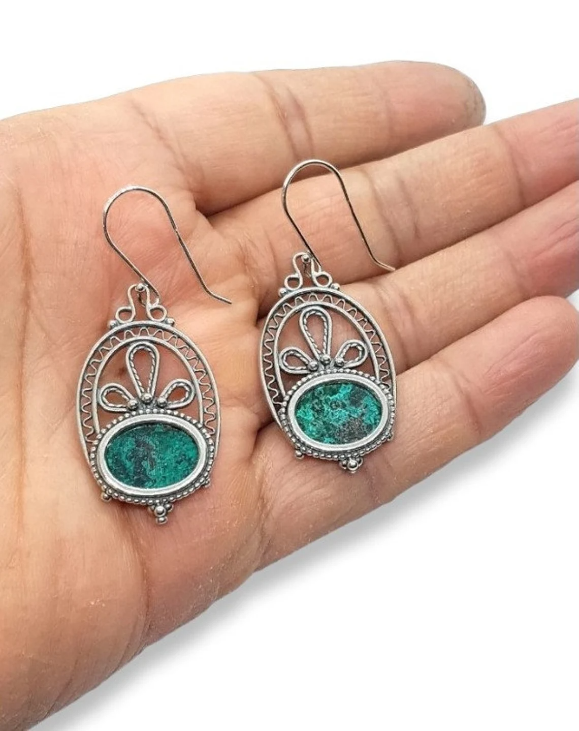 925 Silver Yemenite Filigree Eilat Stone Earrings