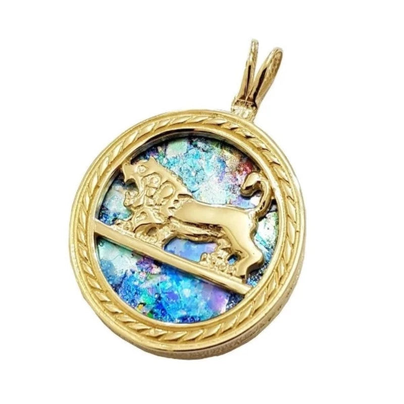 14k Gold Lion of Megiddo Roman Glass Pendant