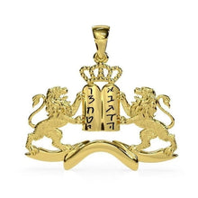 gold pendant featuring the Lion of Judah and the Ten Commandments with a crown of David on top
