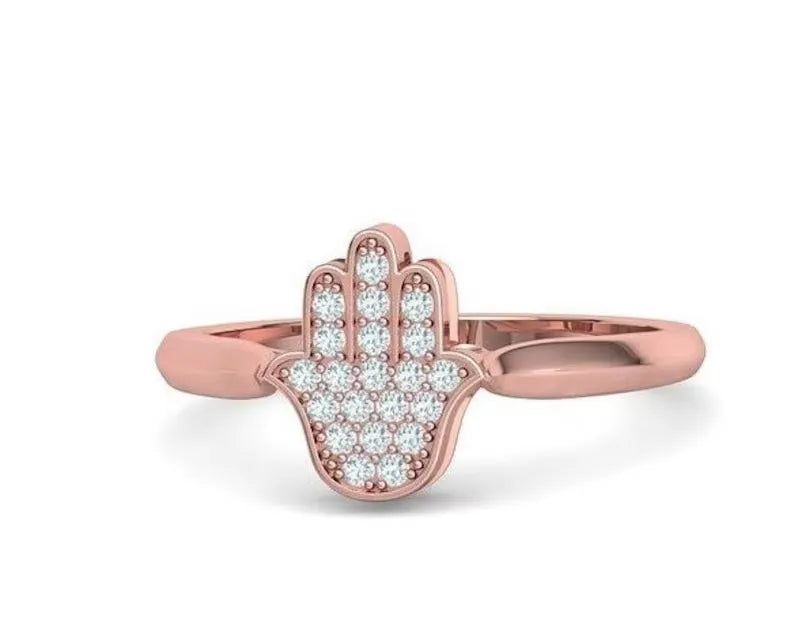 14k Gold Hamsa Ring Set With 0.14ct Diamonds,Jewish Jewelry ,Hamsa Ring