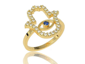 18k Gold Hamsa Ring, Diamonds Hamsa Ring ,Saphire stone Ring