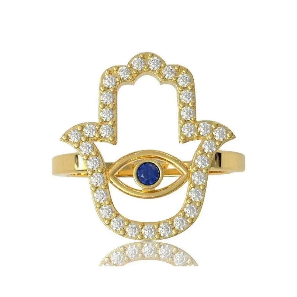 18k Gold Hamsa Ring, Diamonds Hamsa Ring ,Saphire stone Ring