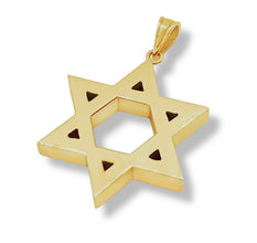A 14k yellow gold Star of David pendant with a polished finish on one side and a hammered texture on the other.